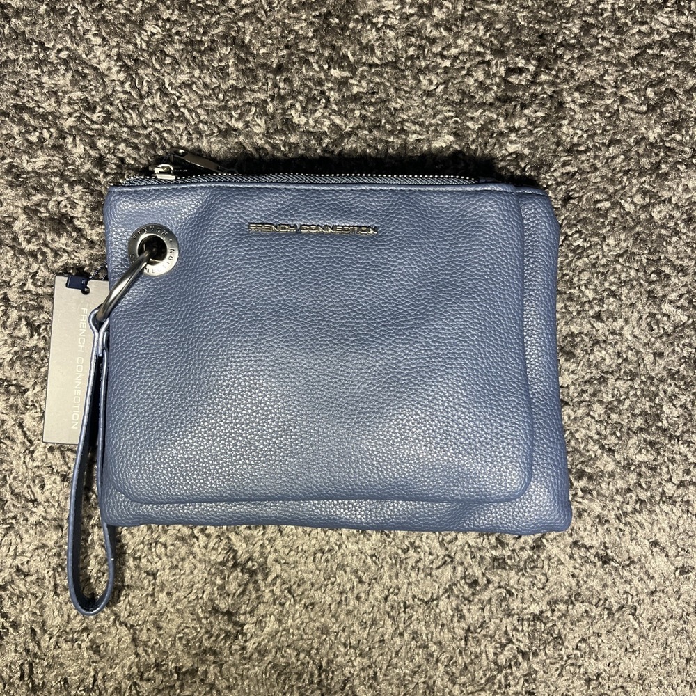 French Connection Faux Leather Lara Pebble Double‎ Slim Wristlet Blue Textured